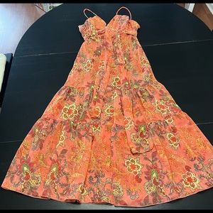 Animal Print/Paisley Print Spaghetti Strap Peach Tiered Dress with Frontal Bow